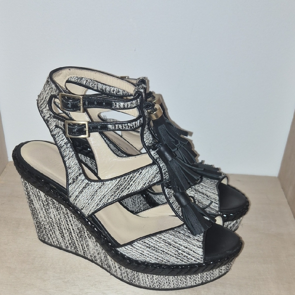 Elegant Jimmy Choo Black and Cream Wedge Sandals